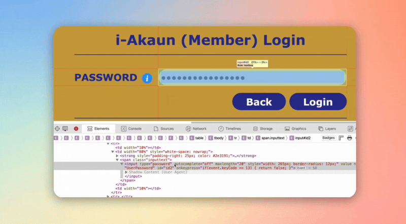 Figure 10: Revealing password is as simple as editing HTML code in client browser